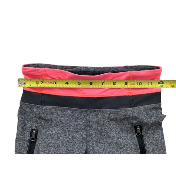 Lululemon Heathered Grey Neon Pink Waistband Mesh Panel Zipper Pocket Leggings - Picture 3 of 12